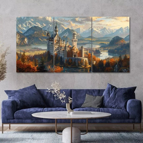 Neuschwanstein Castle Landscape 3 Piece Canvas Framed 60x90cm - High Quality Print 100% Australian Made Wall Canvas Ready to Hang