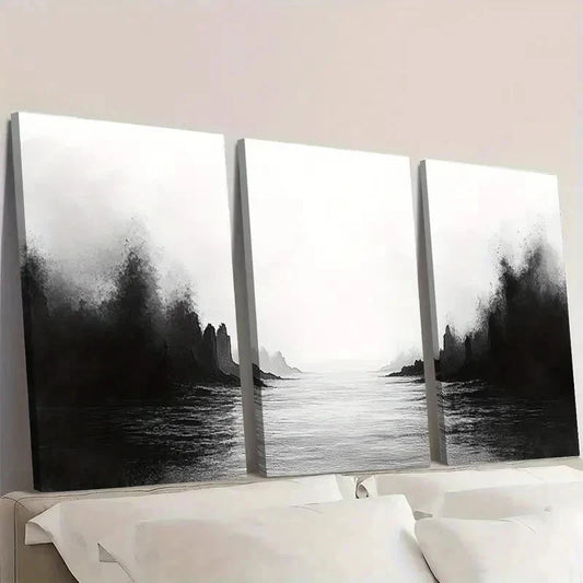 3pcs Black Ink Wash Minimalist Art DF Wall Art Set Canvas Framed 50x70cm - High Quality Print 100% Australian Made Wall Canvas Ready to Hang