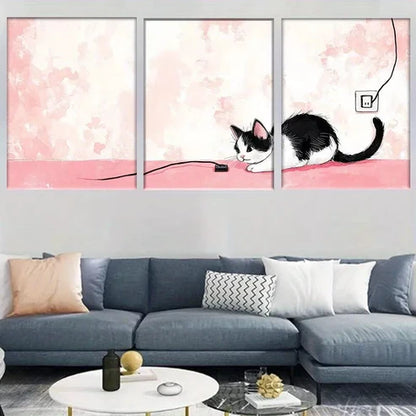 3pcs Playful Kitten & Electric Cord Modern Wall Art Set Canvas Unframed - High Quality Print 100% Australian Made Wall Canvas