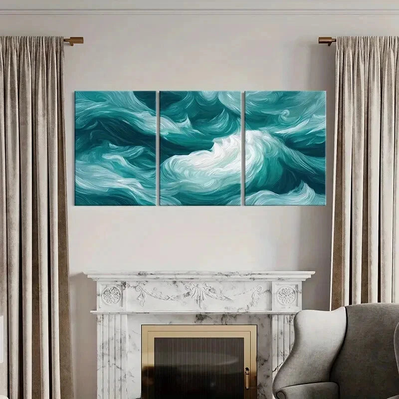 3pcs Abstract Ocean Waves Art Turquoise White Metal Print Ready to Hang Art - Bella Home Decor