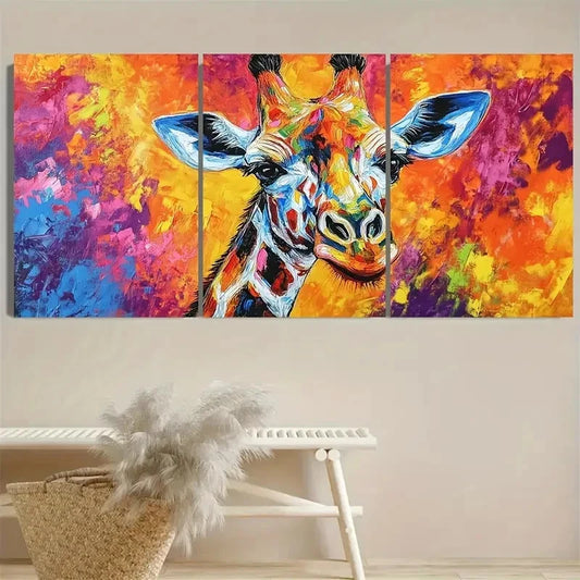 3pcs Colorful Giraffe Abstract Animal Landscape Wall Art Set Canvas Framed 60x90cm - High Quality Print 100% Australian Made Wall Canvas Ready to Hang