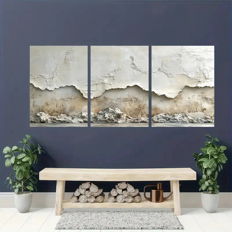 3pcs Minimalist Beige Textured Wall Art Metal Print Ready to Hang Art - Bella Home Decor