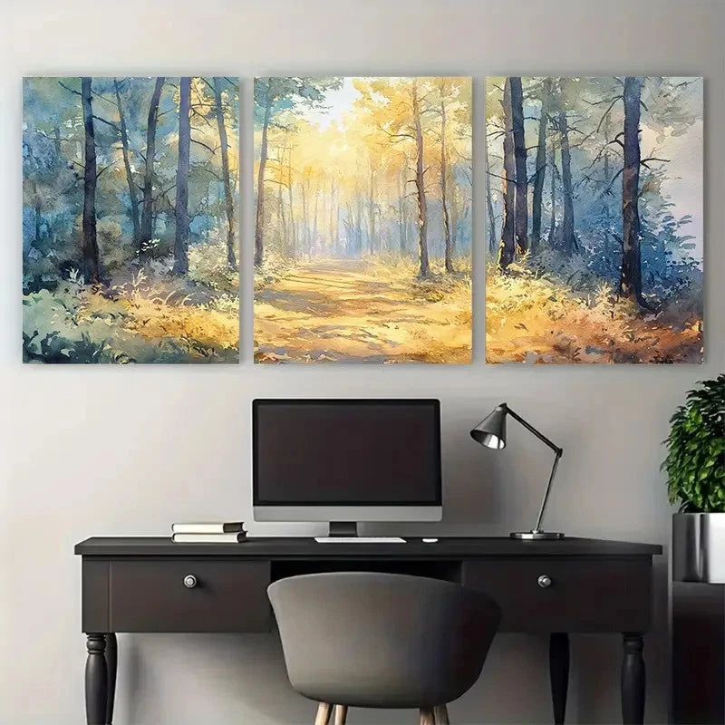 3pcs Dappled Woods Watercolor Calming Nature Wall Art Set Canvas Framed 50x70cm - High Quality Print 100% Australian Made Wall Canvas Ready to Hang - Bella Home Decor