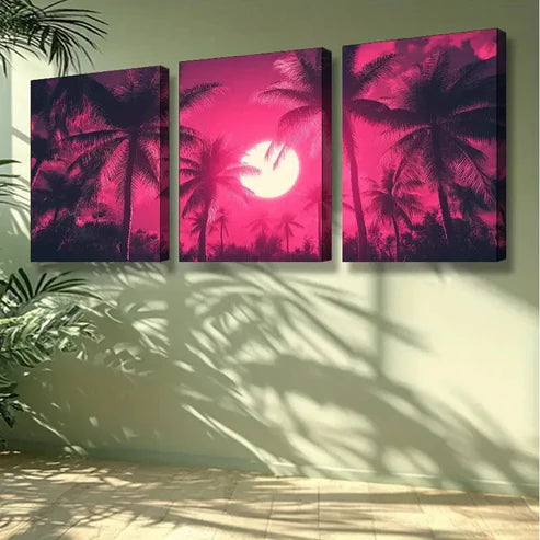 3pcs Vibrant Pink Palm Tree & Moon Night Wall Art Set Canvas Unframed - High Quality Print 100% Australian Made Wall Canvas