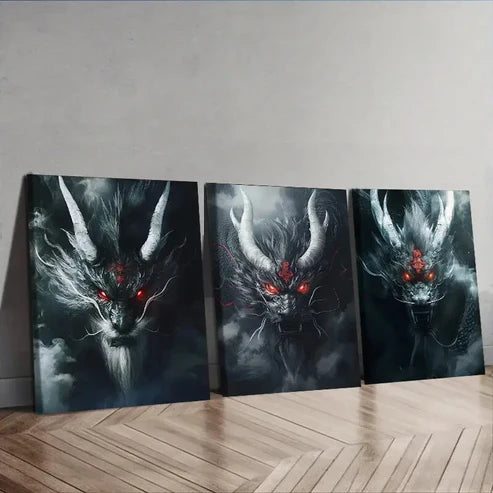 3pcs Silver Metal Dragon Wall Art Canvas Unframed - High Quality Print 100% Australian Made Wall Canvas