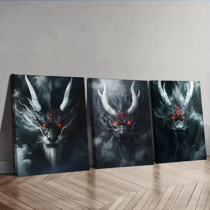 3pcs Silver Metal Dragon Wall Art Canvas Unframed - High Quality Print 100% Australian Made Wall Canvas