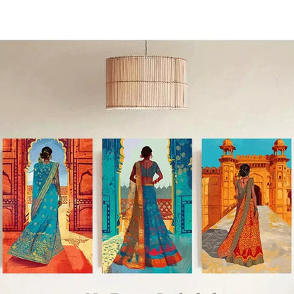 3pcs Elegant Traditional Women in Cultural Attire Wall Art Canvas Unframed - High Quality Print 100% Australian Made Wall Canvas