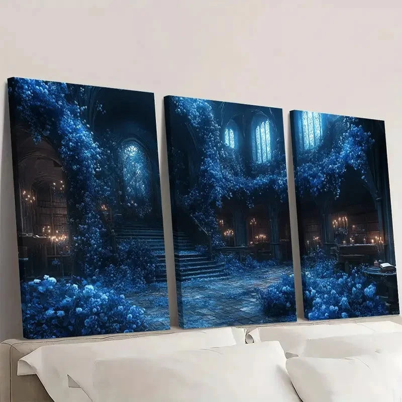 3pcs Blue Ivy & Staircase Dark Academia Fantasy    Wall Art Set Canvas Framed 60x90cm - High Quality Print 100% Australian Made Wall Canvas Ready to Hang - Bella Home Decor