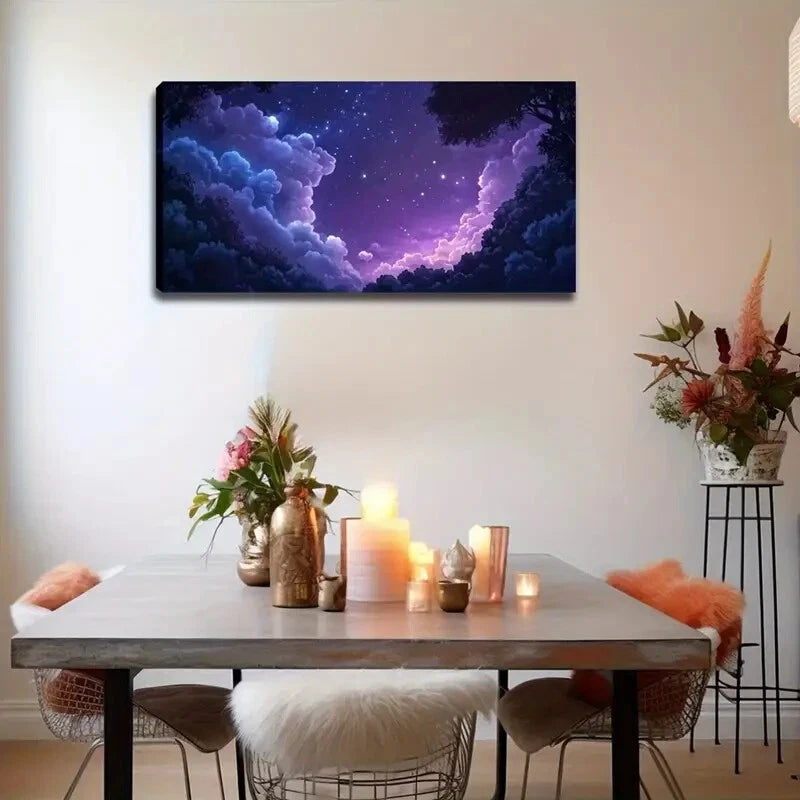 Dreamy Purple Sky with Stars Wall Art Canvas Office Home Room Framed 120x60cm
