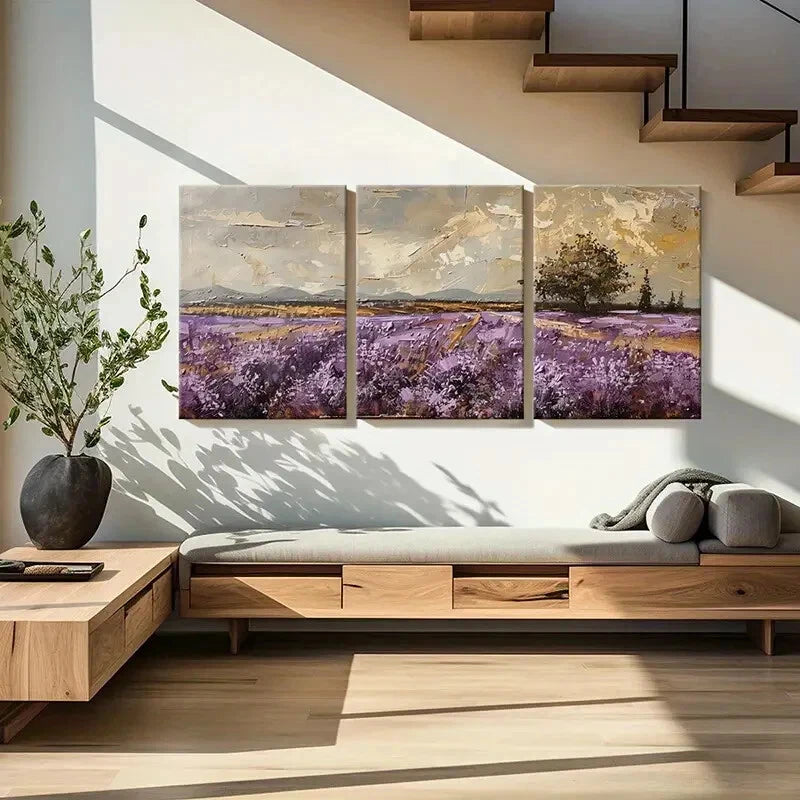 3pcs Abstract Landscape Painting Purple Fields Metal Print Ready to Hang Art - Bella Home Decor