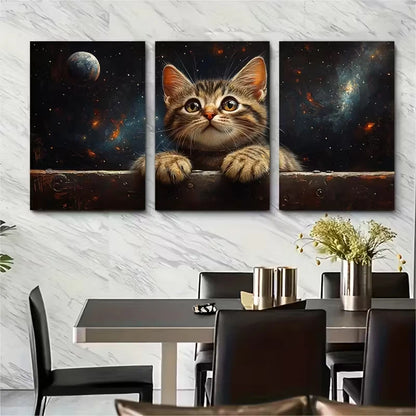 3pcs Cosmic Tabby Kitten Astronaut Metal Print Ready to Hang Art - Bella Home Decor