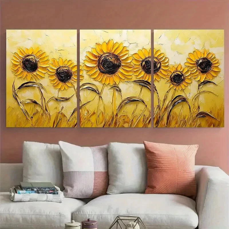3pcs Vibrant Sunflower Yellow Floral Impasto Metal Print Ready to Hang Art - Bella Home Decor