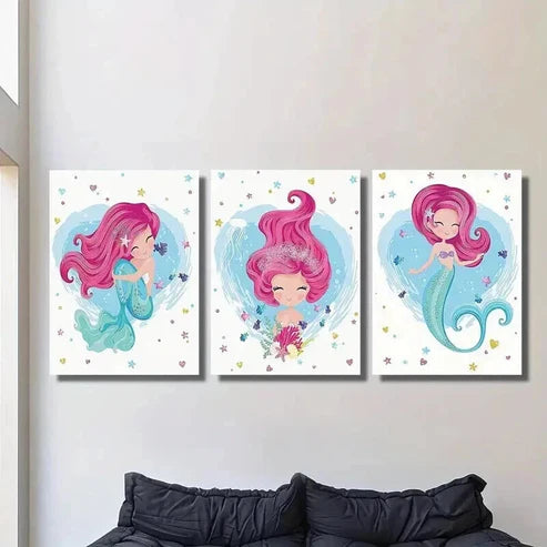 3pcs Pink Hair Light Blue Body Cute Mermaid Wall Art Canvas Unframed - High Quality Print 100% Australian Made Wall Canvas