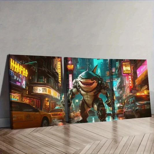3pcs Shark Warrior Wall Art Set Canvas Framed 50x70cm - High Quality Print 100% Australian Made Wall Canvas Ready to Hang