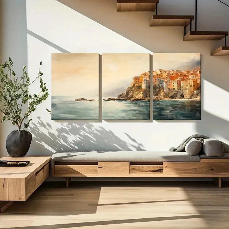 3pcs Cliffside Village Serene Waters Metal Print Ready to Hang Art - Bella Home Decor