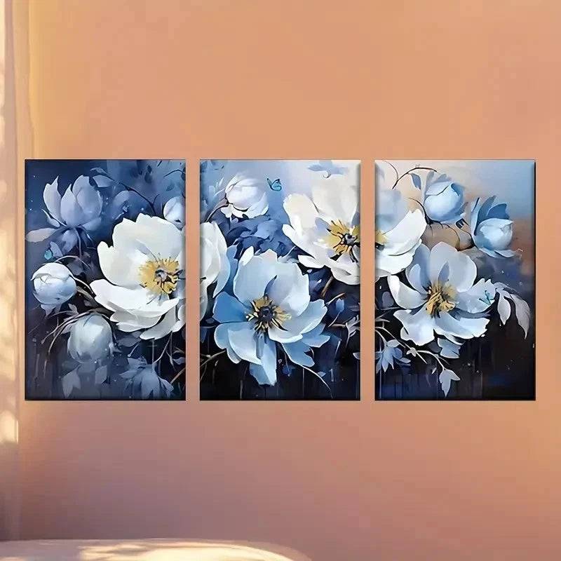 3pcs Painting of White Flowers on a Blue Wall Art Set Canvas Framed 40x60cm - High Quality Print 100% Australian Made Wall Canvas Ready to Hang