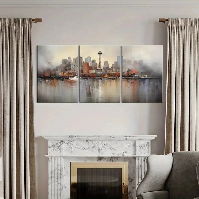 3pcs Abstract Cityscape Space Needle Metal Print Ready to Hang Art - Bella Home Decor