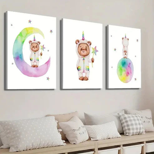 3pcs Watercolor Style Unicorn Bear Wall Art Set Canvas Unframed - High Quality Print 100% Australian Made Wall Canvas