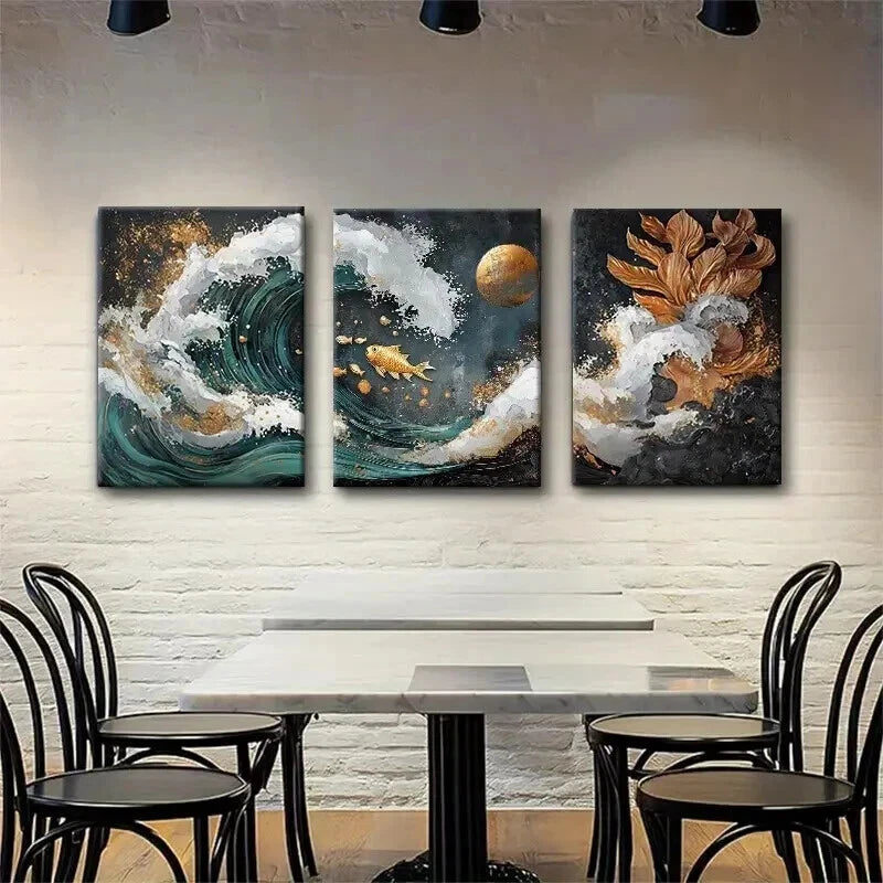 3pcs Golden Koi Fish and Ocean Waves Perfect Wall Art Set Canvas Framed 60x90cm - High Quality Print 100% Australian Made Wall Canvas Ready to Hang - Bella Home Decor