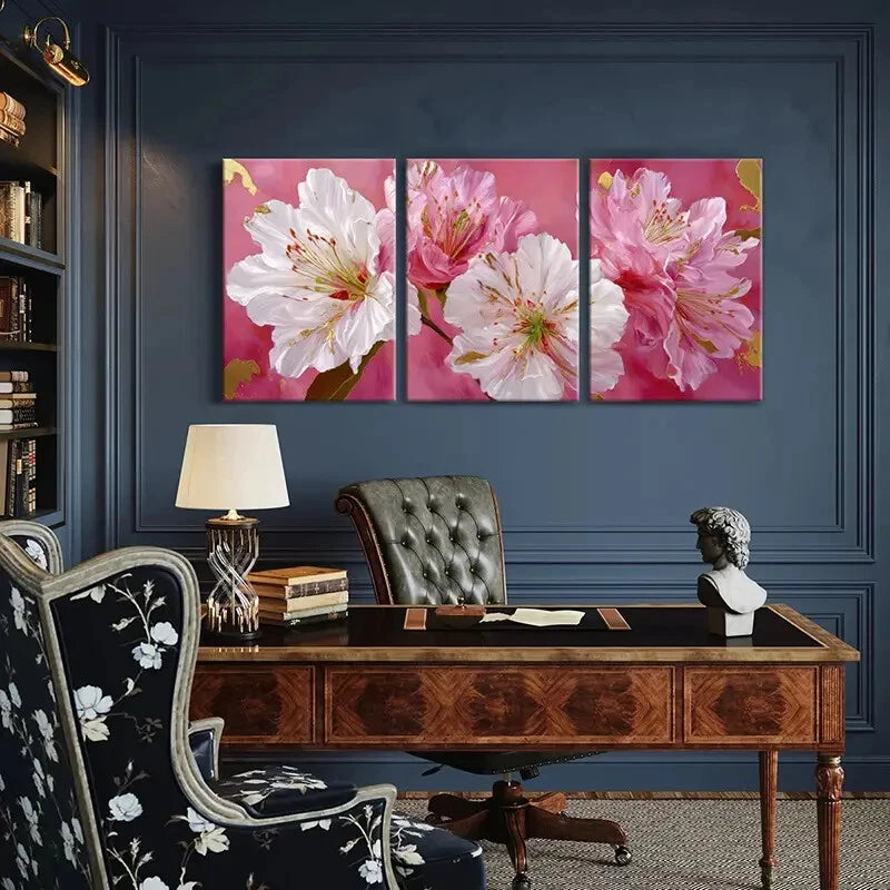 3pcs Elegant Floral Art Pink White Flowers Metal Print Ready to Hang Art - Bella Home Decor