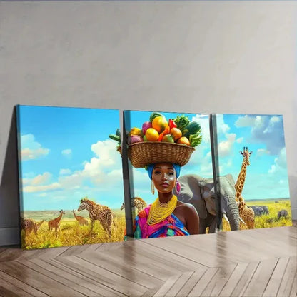 3pcs Fruit on the heads of African beauties  Wall Art Set Canvas Unframed - High Quality Print 100% Australian Made Wall Canvas - Bella Home Decor