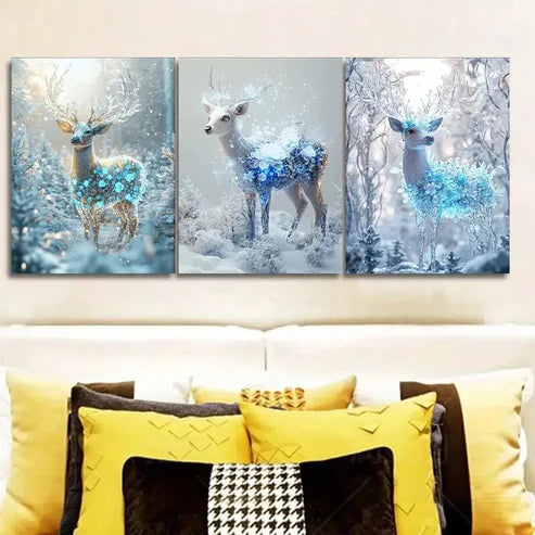 3pcs Deer with Snowflakes, Ice-Blue & Golden Wall Art Set Canvas Unframed - High Quality Print 100% Australian Made Wall Canvas - Bella Home Decor