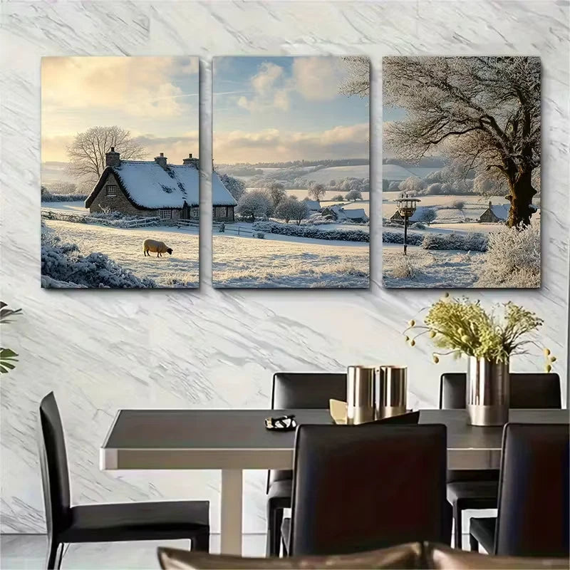 3pcs Pastoral Scene of the Cotswolds in Winter Metal Print Ready to Hang Art