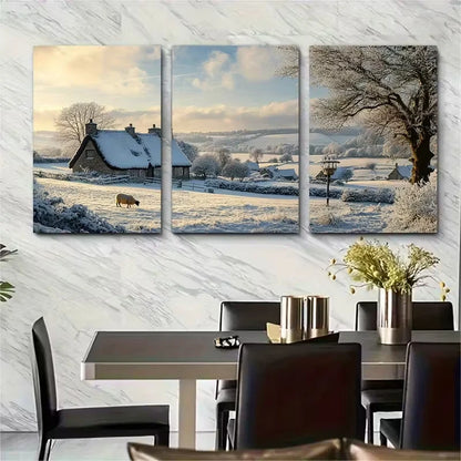3pcs Pastoral Scene of the Cotswolds in Winter Metal Print Ready to Hang Art