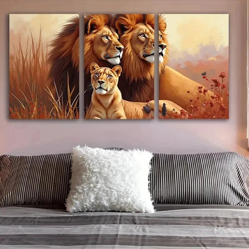 3pcs Lion Family African Portrait Wall Art Set Canvas Framed 60x90cm - High Quality Print 100% Australian Made Wall Canvas Ready to Hang