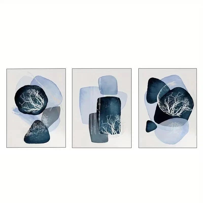 3pcs Navy Blue and White Abstract Metal Print Ready to Hang Art