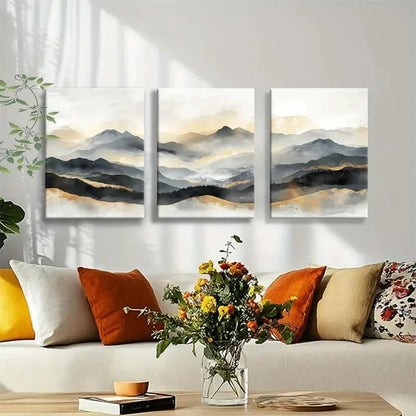 3pcs Beige & Gray Tones Misty Mountain Wall Art Metal Print Ready to Hang Art - Bella Home Decor