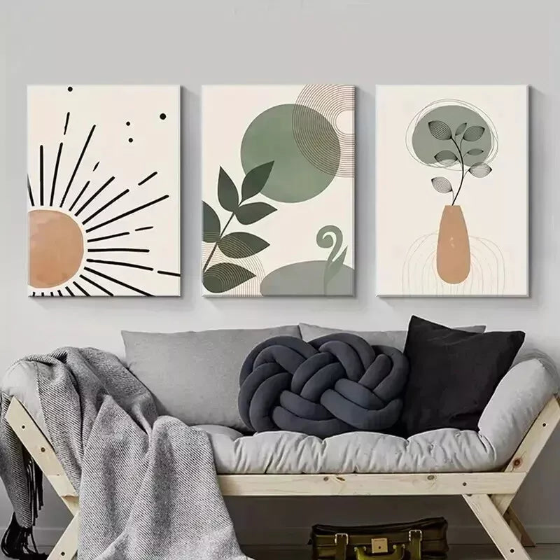 3pcs Green Bohemian Abstract Wall Art Set Canvas Framed 50x70cm - High Quality Print 100% Australian Made Wall Canvas Ready to Hang