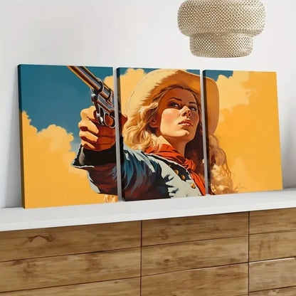 3pcs Vintage Wild West Cowgirl Blue Sky Golden Wall Art Set Canvas Unframed - High Quality Print 100% Australian Made Wall Canvas