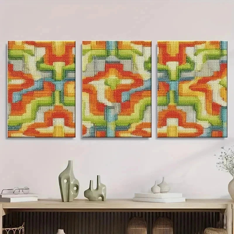 3pcs Modern Geometric Cross Stitch Pattern Wall Art Set Canvas Framed 40x60cm - High Quality Print 100% Australian Made Wall Canvas Ready to Hang