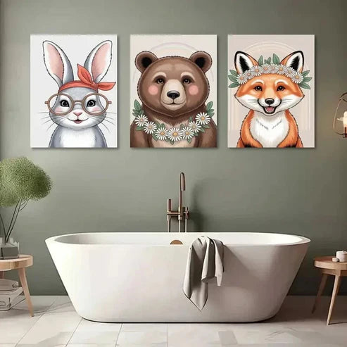 3pcs Rabbit Glasses, Bear Flowers, Fox Forest Wall Art Canvas Unframed - High Quality Print 100% Australian Made Wall Canvas