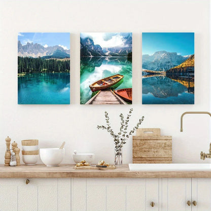 3pcs Rustic Cabin Lake Mountain Forest View Metal Print Ready to Hang Art