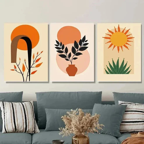 3pcs Boho Style Modern Abstract Sun Wall Art Set Canvas Unframed - High Quality Print 100% Australian Made Wall Canvas - Bella Home Decor
