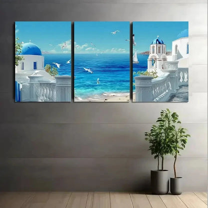3pcs White & Blue Mediterranean Sea View Metal Print Ready to Hang Art - Bella Home Decor