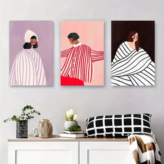 3pcs Minimalist Figures with Stripes and Bold Metal Print Ready to Hang Art