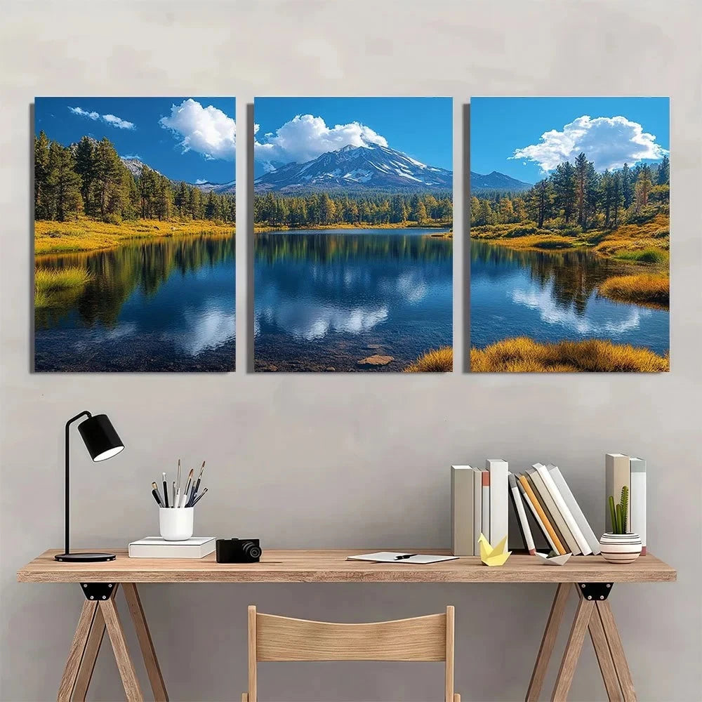 3pcs Lake Scenery Mountain White Clouds Metal Print Ready to Hang Art - Bella Home Decor
