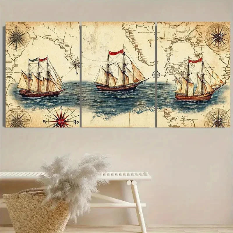 3pcs Vintage Nautical Map Wall Art Set Canvas Framed 50x70cm - High Quality Print 100% Australian Made Wall Canvas Ready to Hang