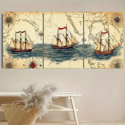 3pcs Vintage Nautical Map Wall Art Set Canvas Framed 50x70cm - High Quality Print 100% Australian Made Wall Canvas Ready to Hang