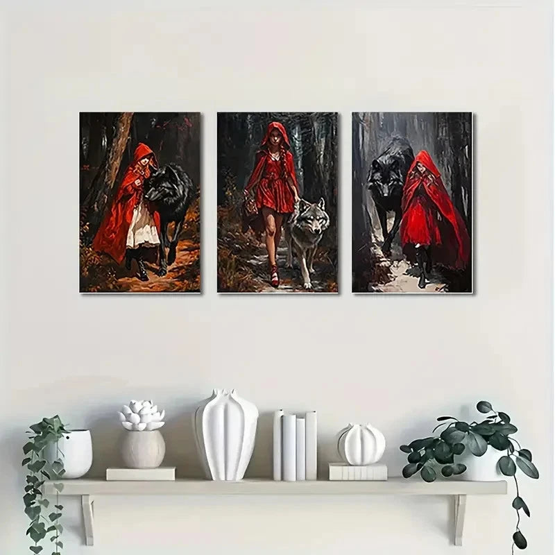 3pcs Little Red Riding Wall Art Canvas  Framed 60x90cm - High Quality Print 100% Australian Made Wall Canvas Ready to Hang