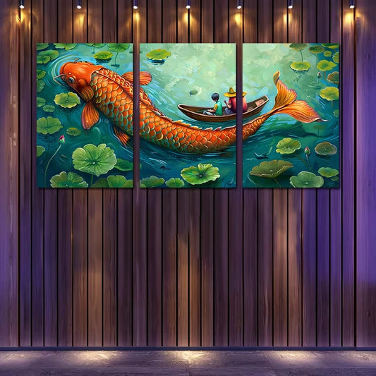 3pcs Serene Lake Scene with Koi Fish and Lotus Wall Art Set Canvas Framed 60x90cm - High Quality Print 100% Australian Made Wall Canvas Ready to Hang