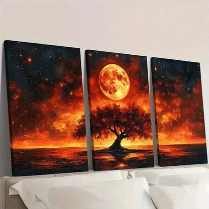 3pcs Warm Orange Red Hues Moon Night Scene Wall Art Canvas Unframed - High Quality Print 100% Australian Made Wall Canvas