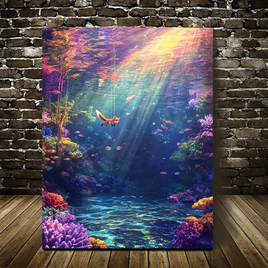 Fantasy Fox Swinging in Underwater Coral Painting 40x60cm Metal Print Ready to Hang - Bella Home Decor