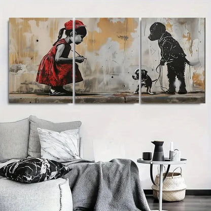 3pcs Street Art Girl with Dog Urban Graffiti Style Metal Print Ready to Hang Art