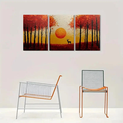 3pcs Autumn Forest Sunset Deer Metal Print Ready to Hang Art - Bella Home Decor