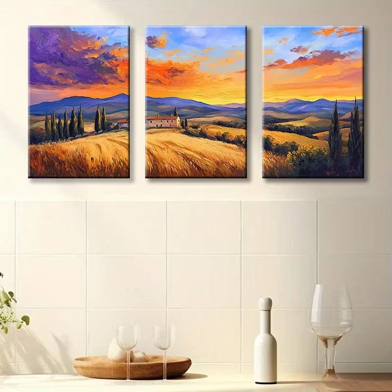 3pcs Sunset Fields Illustration Wall Art Set Canvas Framed 50x70cm - High Quality Print 100% Australian Made Wall Canvas Ready to Hang
