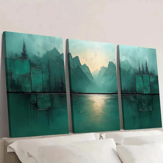 3pcs Grey & Green Textured Mountain & Lake ML Wall Art Set Canvas Framed 50x70cm - High Quality Print 100% Australian Made Wall Canvas Ready to Hang